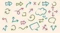 Set of doodle arrows, speech bubbles, cross and check mark in pastel colors. Royalty Free Stock Photo